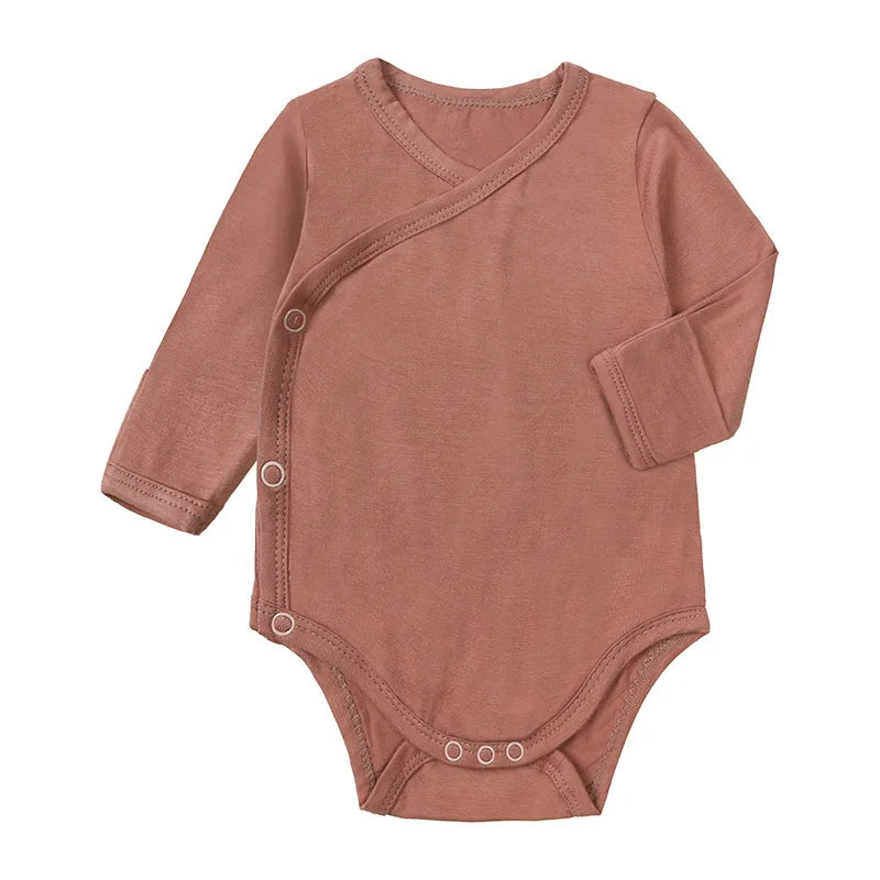 Baby Clothing Boys Girls Bamboo Fibers Bodysuits 0-24 Months Solid Color Long Sleeve Diagonal Button Onesies Newborn Outfits