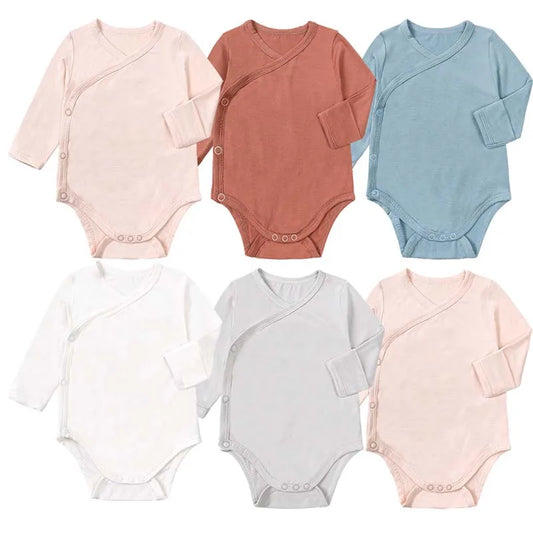 Baby Clothing Boys Girls Bamboo Fibers Bodysuits 0-24 Months Solid Color Long Sleeve Diagonal Button Onesies Newborn Outfits