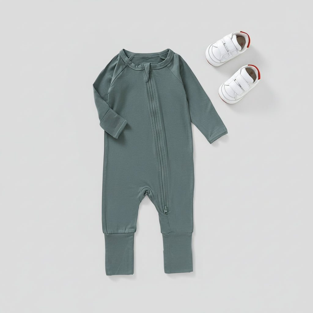DUSTY GREEN BABY BOY GIRL SLEEPSUIT BAMBOOPYJAMAS ROMPER ZIPPER